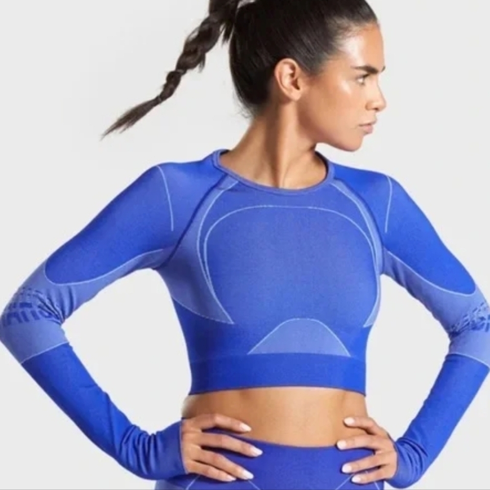 Gymshark Turbo Seamless Crop Top In Cobalt Blue XL Long Sleeved Athletic Wear
